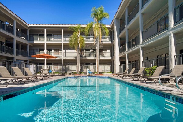 Alberca al aire libre, sombrillas en la alberca y camastros 