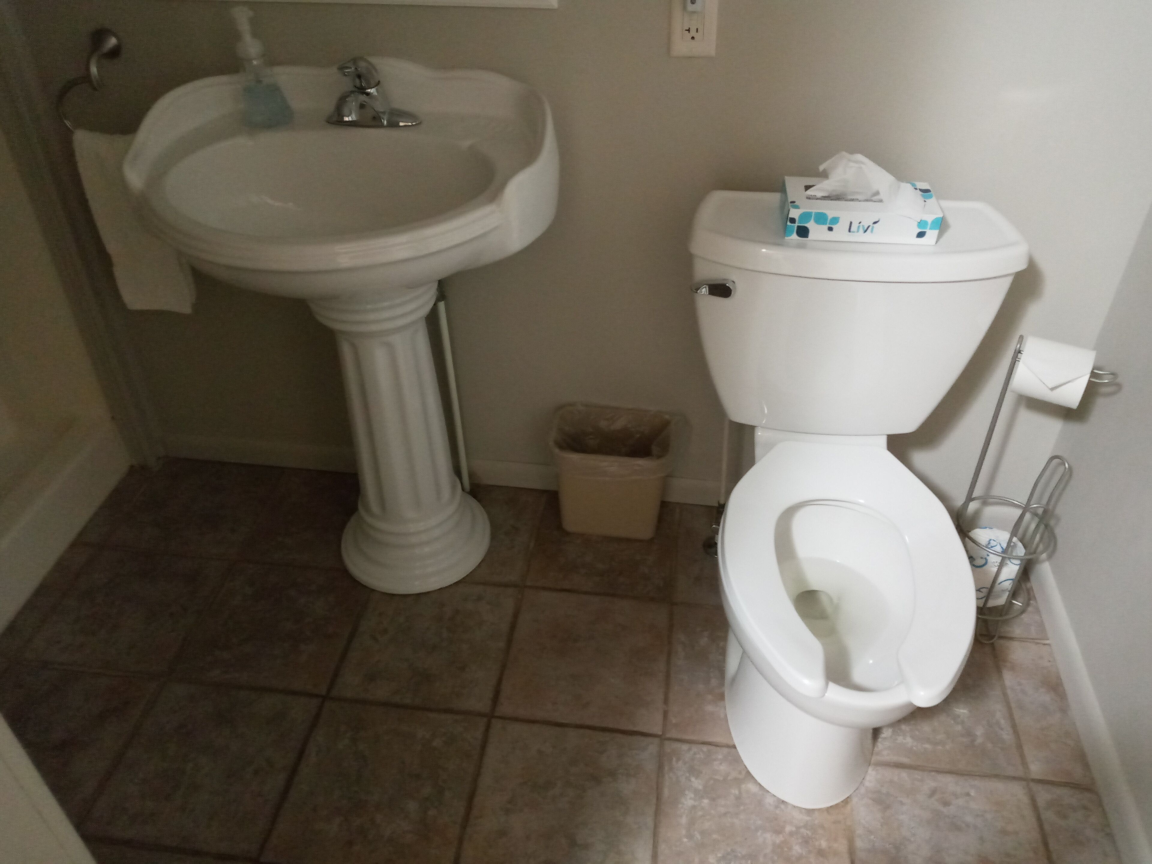 Un baño con lavamanos pedestal, inodoro y un cubo de basura.