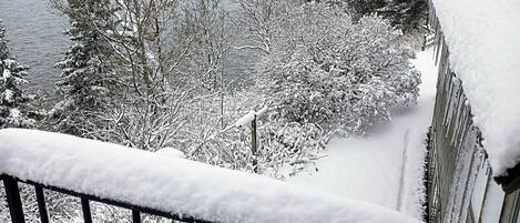 A snowy landscape with a view of a body of water and trees.