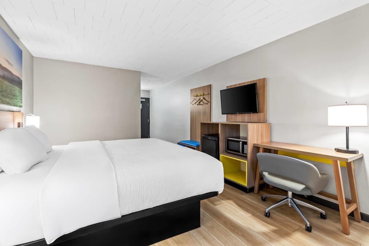 A hotel room with a bed, desk, chair, TV, and a lamp.