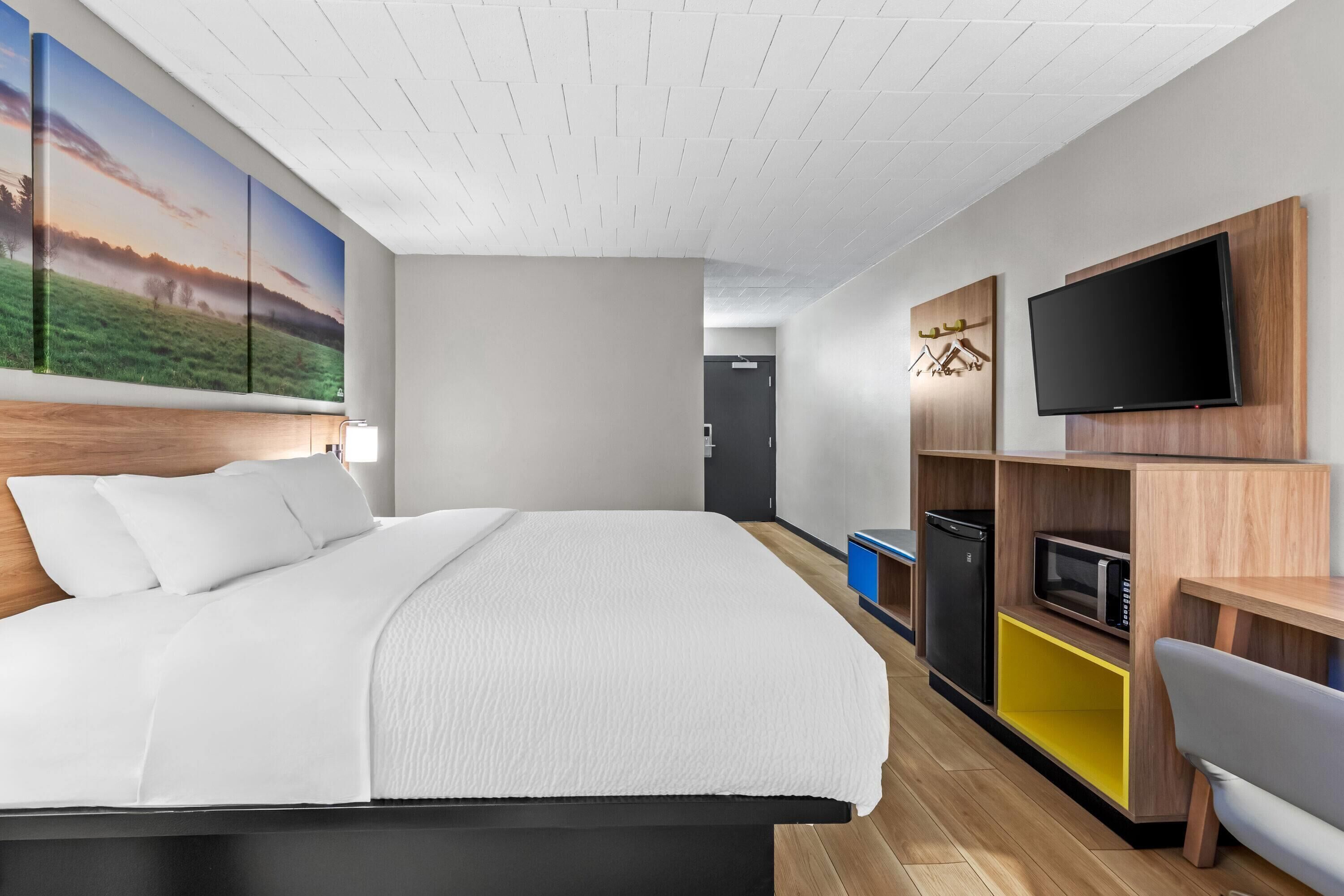 Et moderne hotelværelse med en stor seng, et fladskærms-TV, et lille tekøkken og et maleri på væggen.
