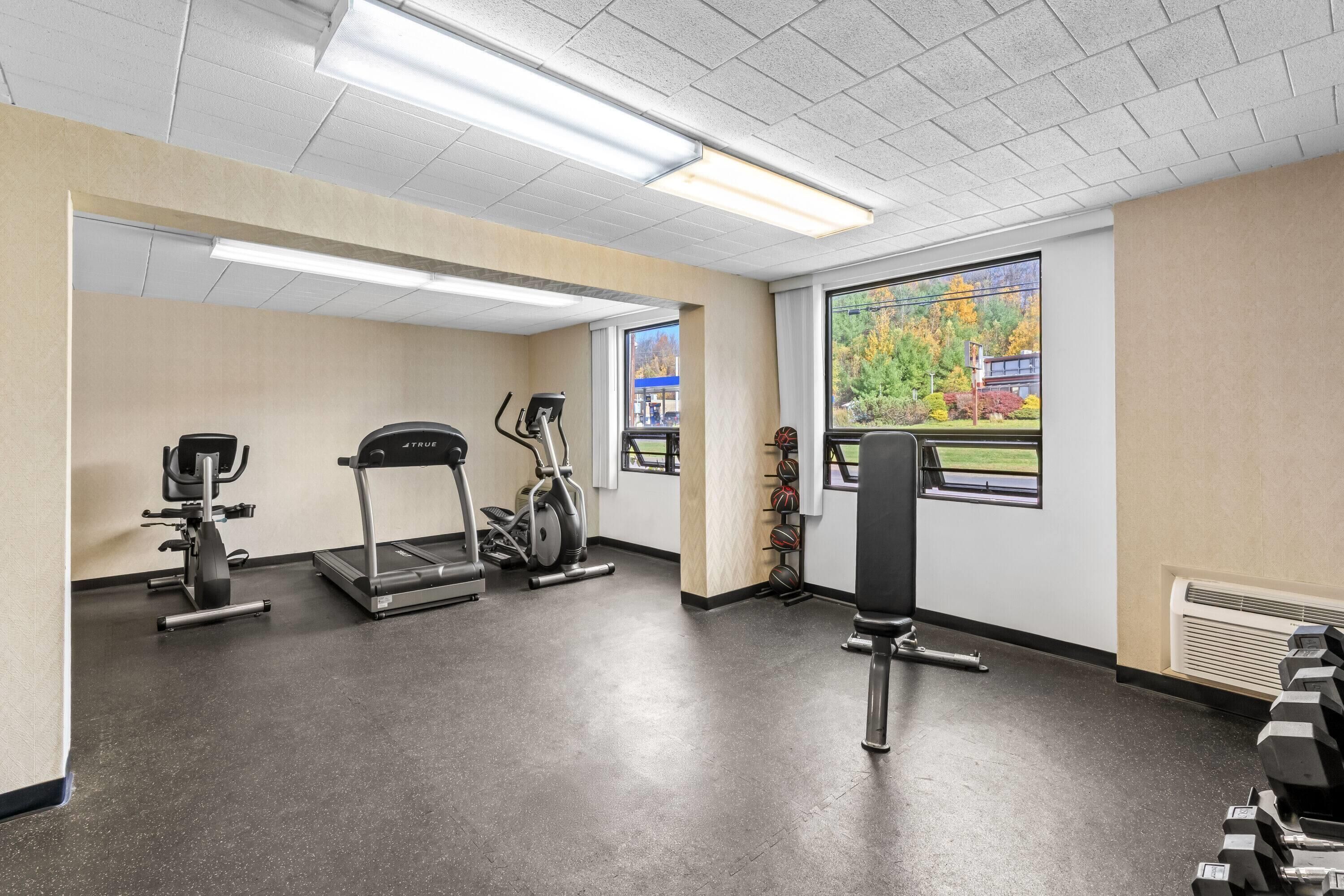 Een fitnessruimte met loopbanden, een elliptische trainer en een halterbank.