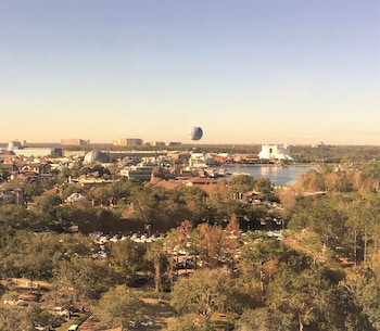 Hotel room view looking out at Wyndham Lake Buena Vista Disney Springs® Resort Area