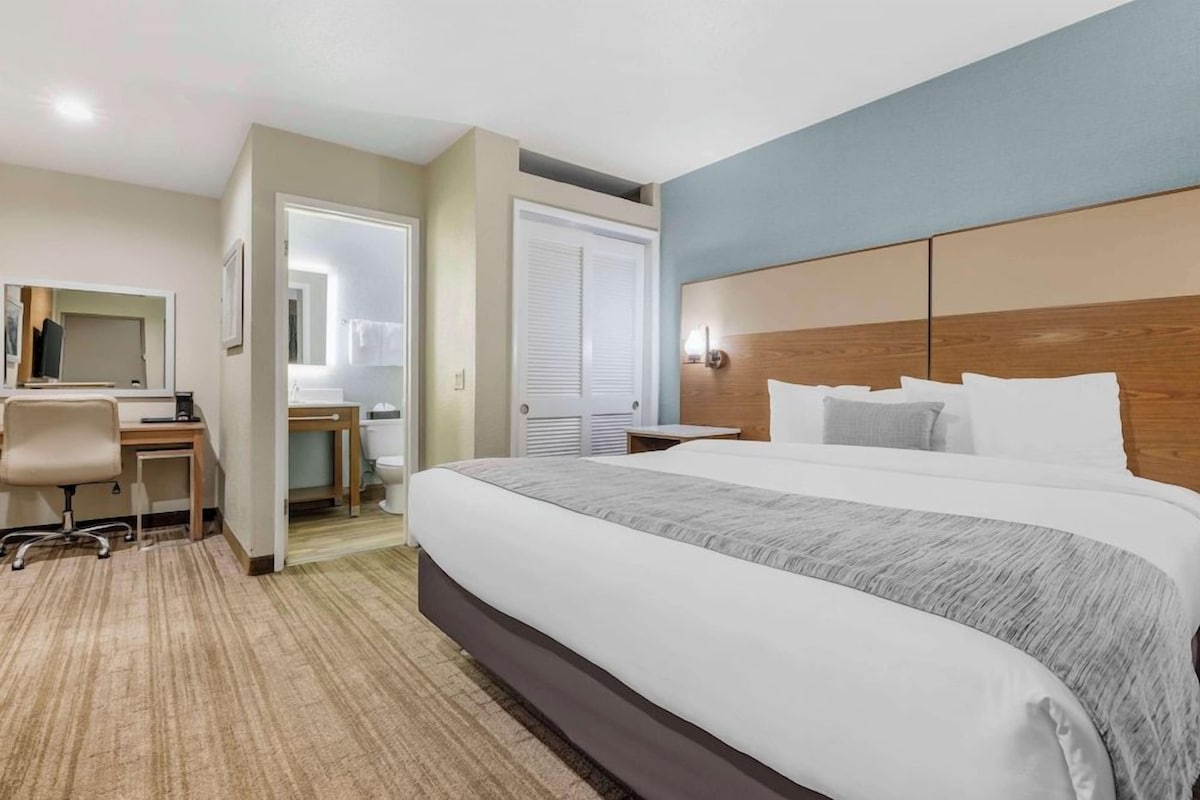 Habitación de hotel con una cama grande, un escritorio, una silla, un espejo y baño con inodoro y ducha.