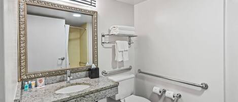 Un baño con lavamanos de mármol, un espejo grande, un inodoro y un perchero para toallas.