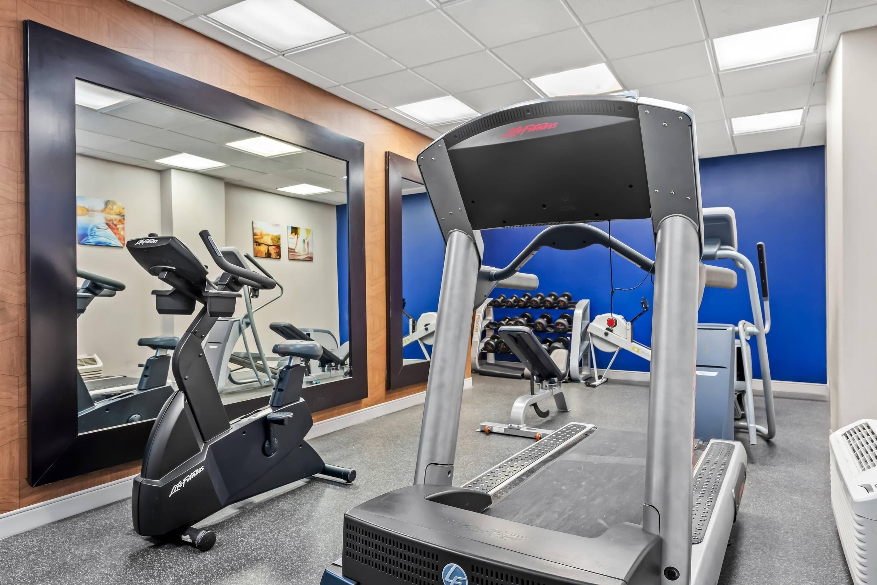 Un gimnasio con máquinas de cardio, equipo de pesas y un espejo grande.
