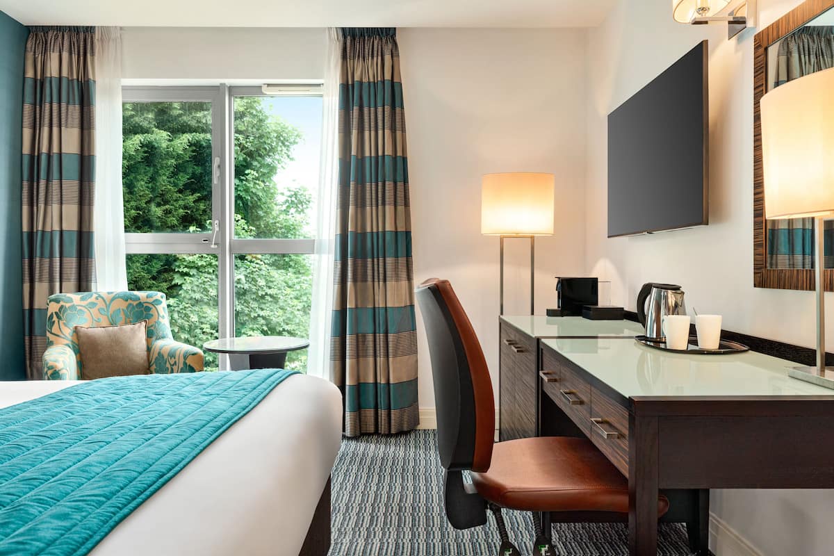 A hotel room with a bed, a desk with a lamp, a chair, and a view of greenery outside.