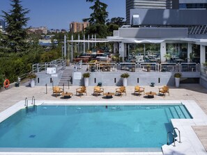 Outdoor pool, open 10:00 AM to 8:00 PM, pool umbrellas, pool loungers