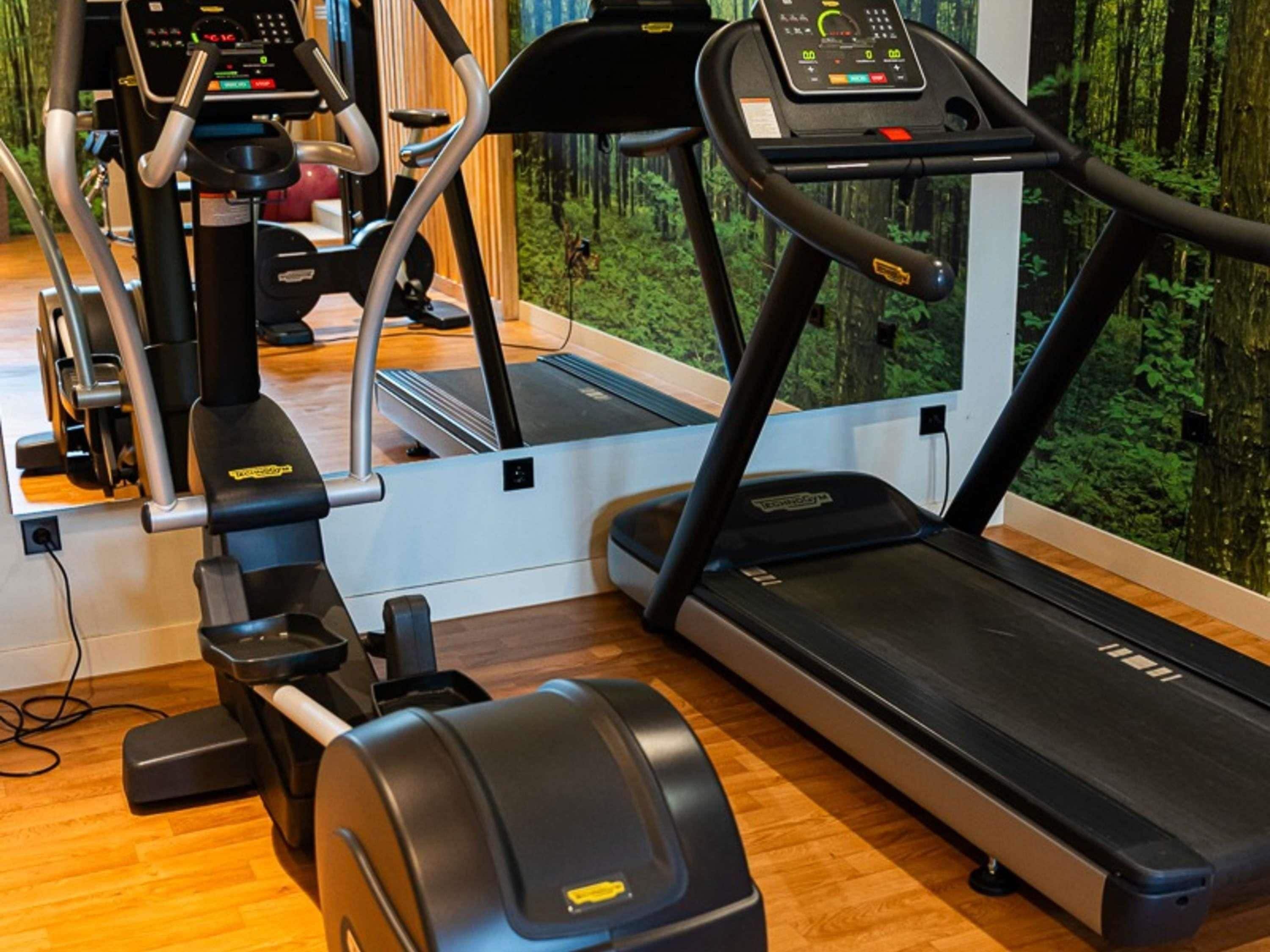 A gym with a treadmill, elliptical, and stationary bike.