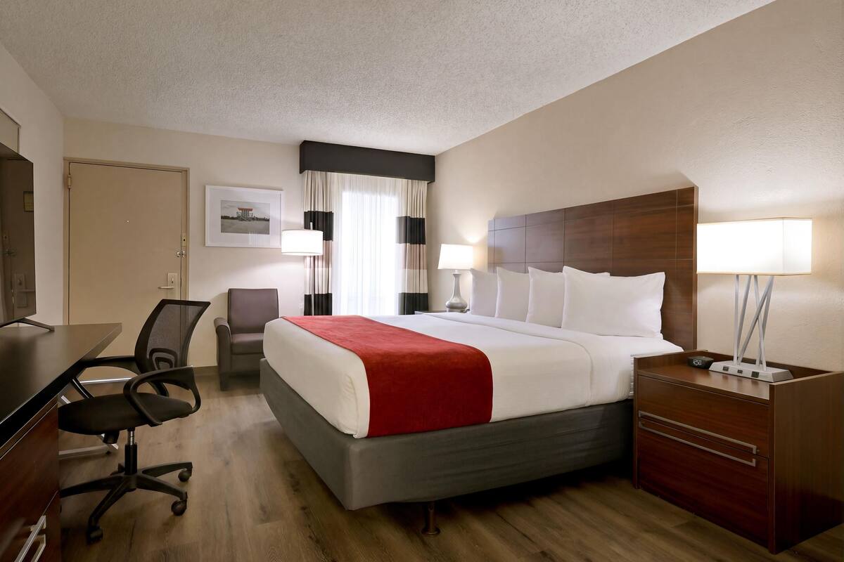 Une chambre d’hôtel équipée d’un lit, d’un bureau, d’une chaise et d’une table de chevet avec une lampe.