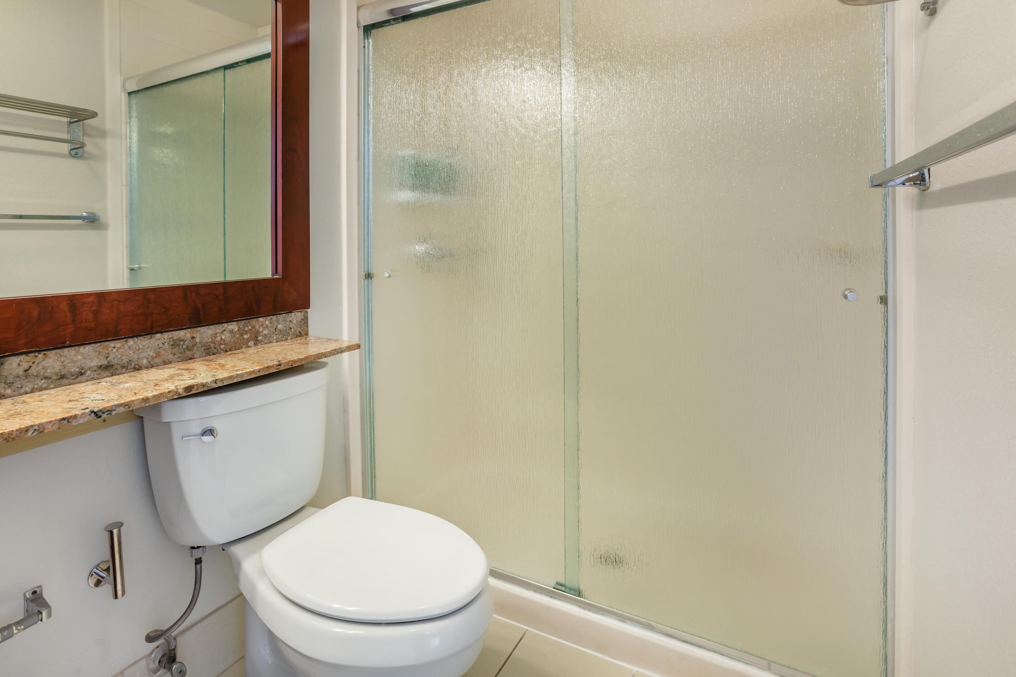 Un baño con inodoro, cabina de ducha de vidrio y encimera de mármol.