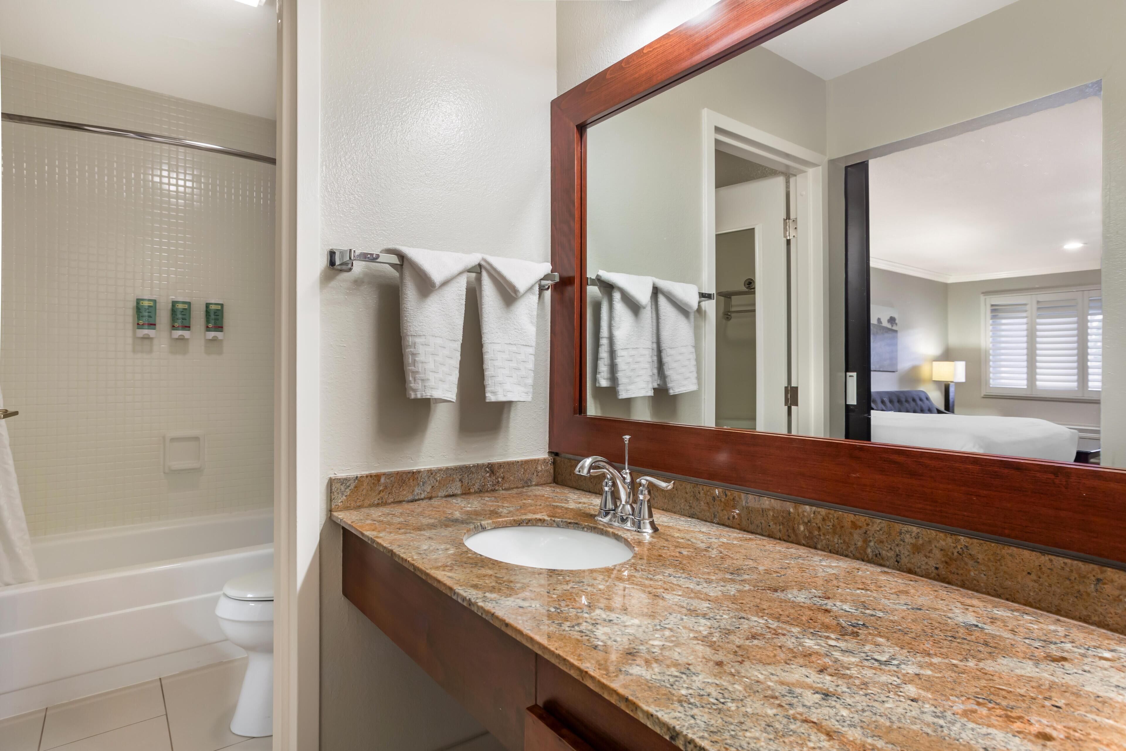 A bathroom with a granite countertop sink, a large mirror, and a shower area.