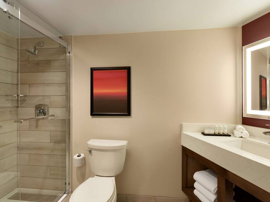 Un bagno moderno con cabina doccia in vetro, un water bianco, un lavabo in marmo e un quadro appeso alla parete.