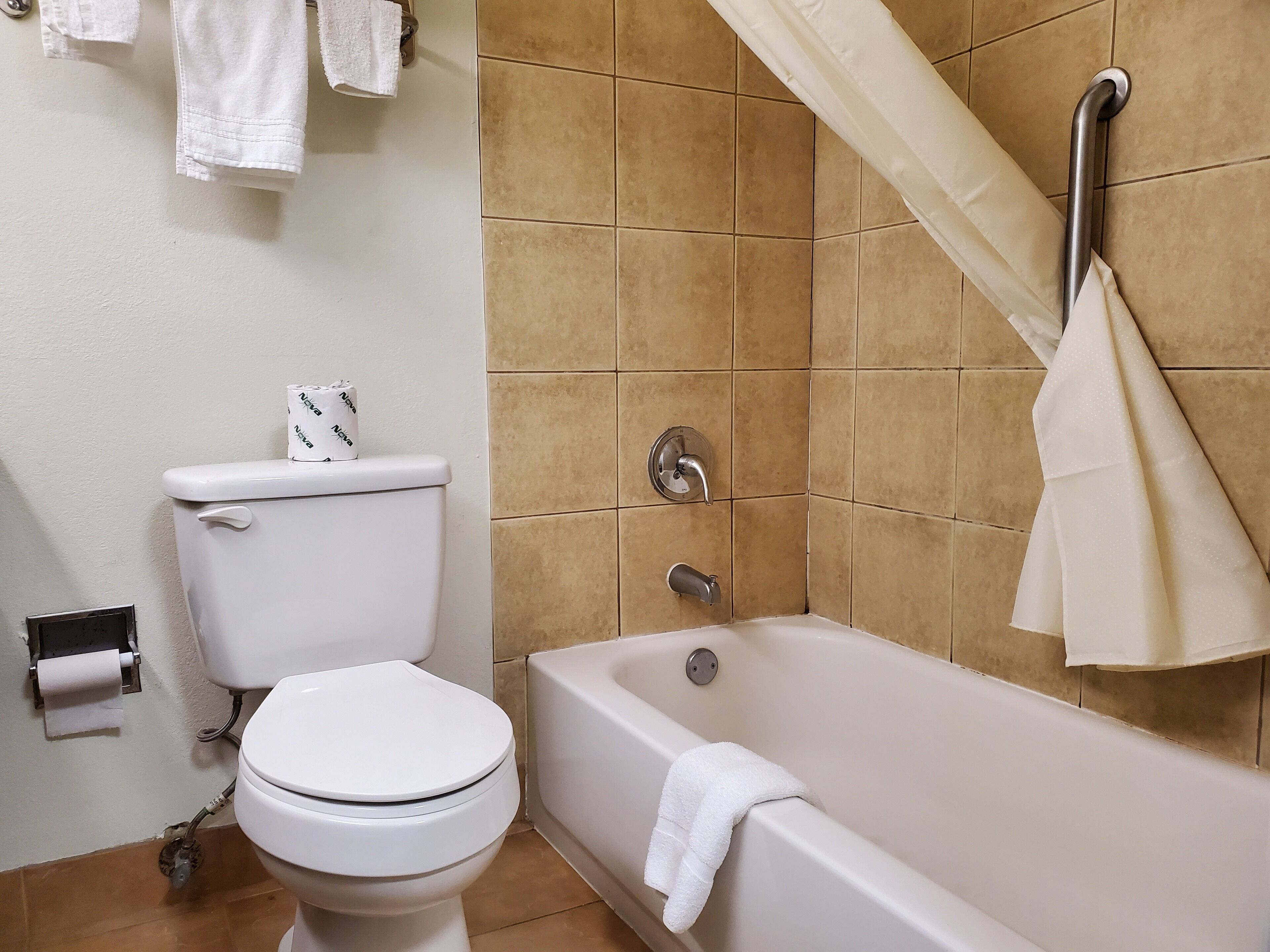 Une salle de bain équipée de toilettes, d’une baignoire et d’un rideau de douche.