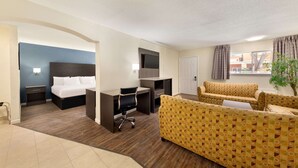 Ein Hotelzimmer mit Bett, Schreibtisch, Bürostuhl, Sofa und einer Zimmerpflanze.