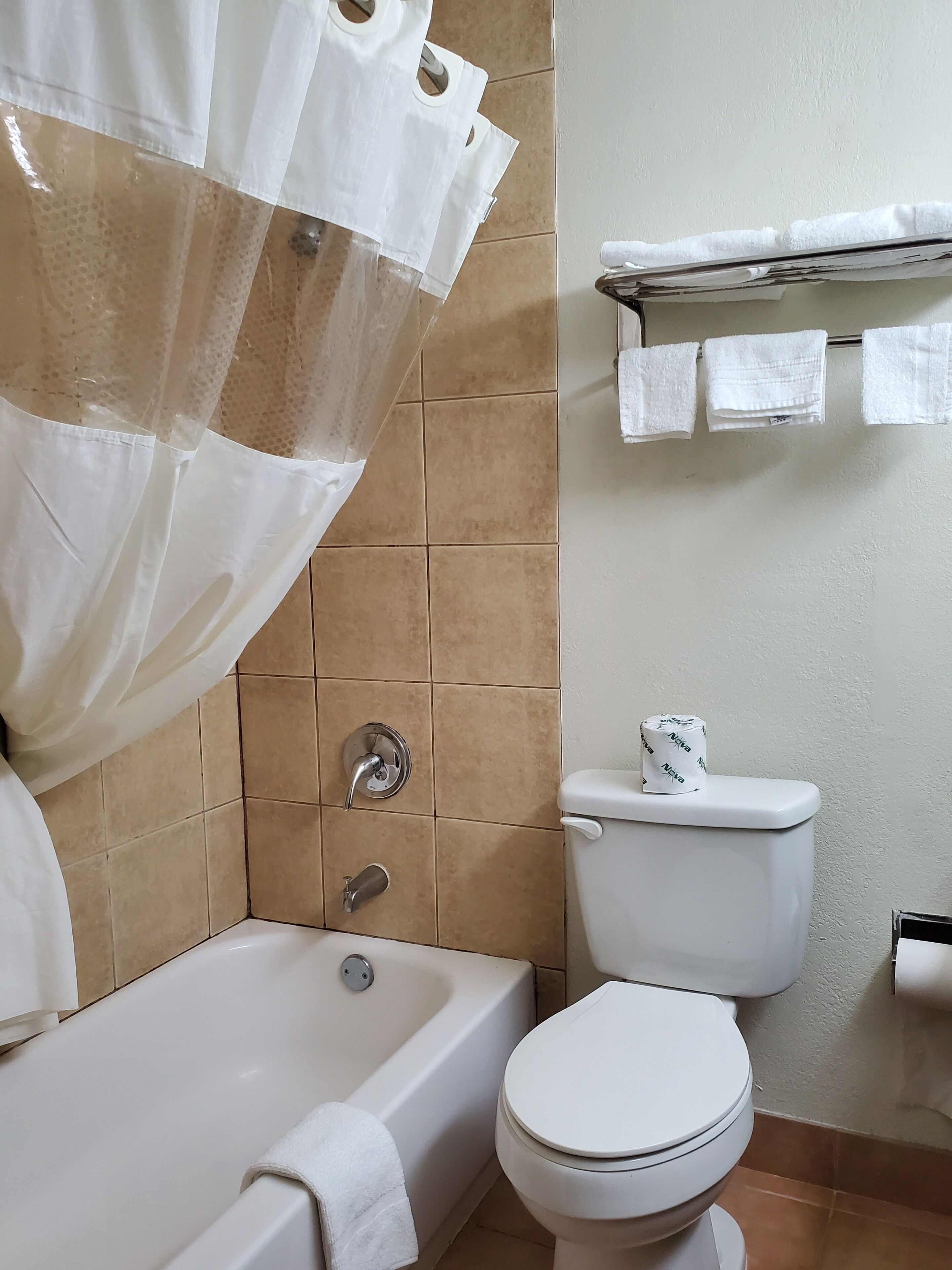 Une salle de bain avec une baignoire, des toilettes et un rideau de douche.