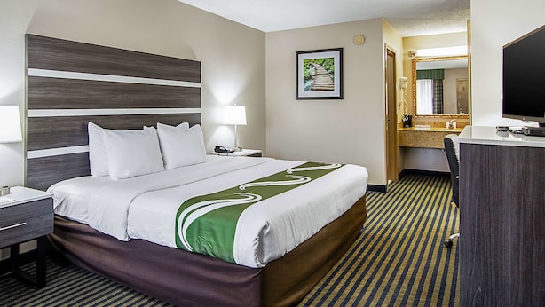 A hotel room with a large bed, a desk, a chair, a mirror, and a television.