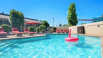 Seasonal outdoor pool, pool loungers