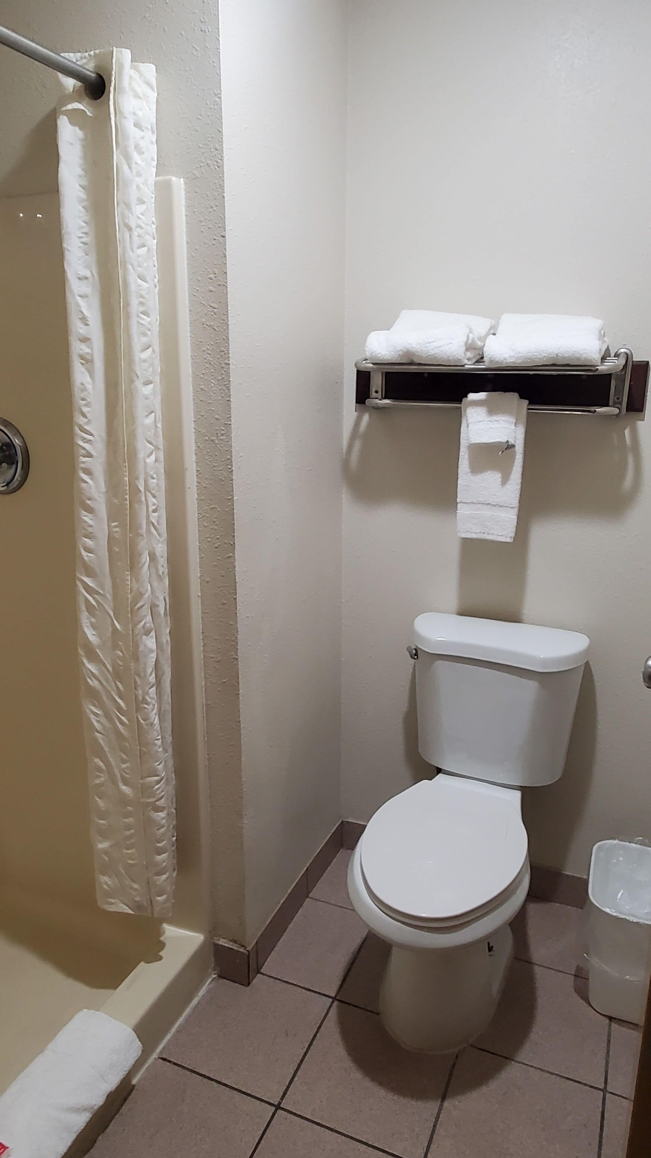 Een kleine, schone badkamer met toilet, een handdoekrek met handdoeken en een douchegordijn.