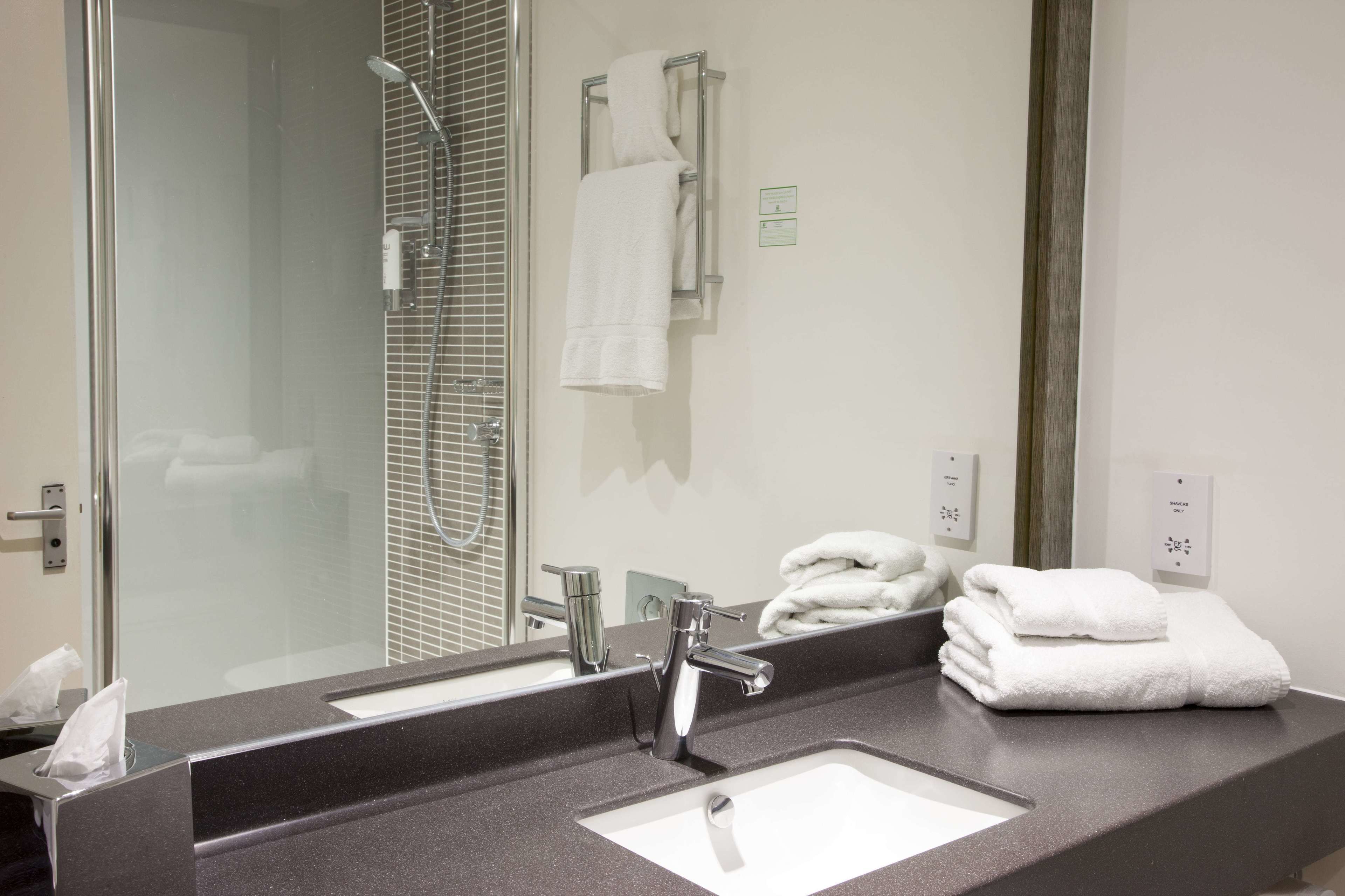 Shower, free toiletries, hair dryer, towels