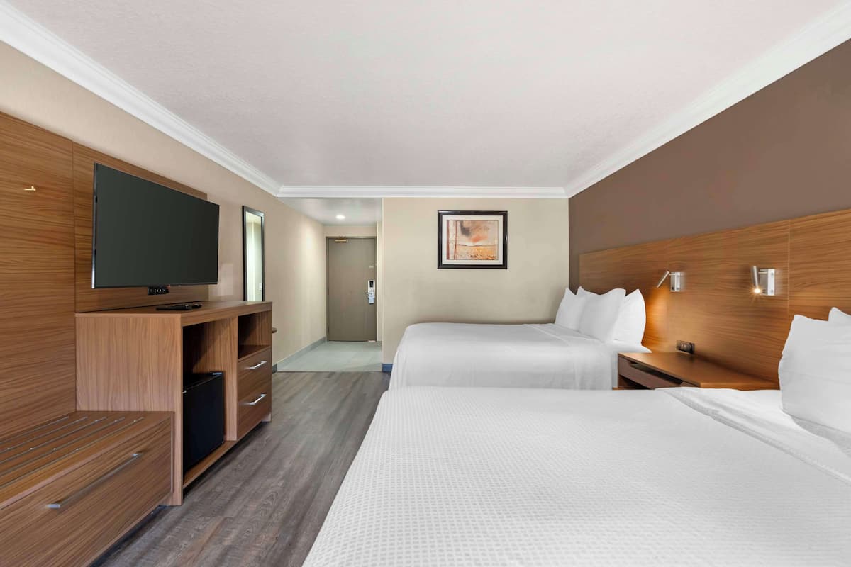 Une chambre d’hôtel avec deux lits, un téléviseur, des meubles en bois et un tableau au mur.