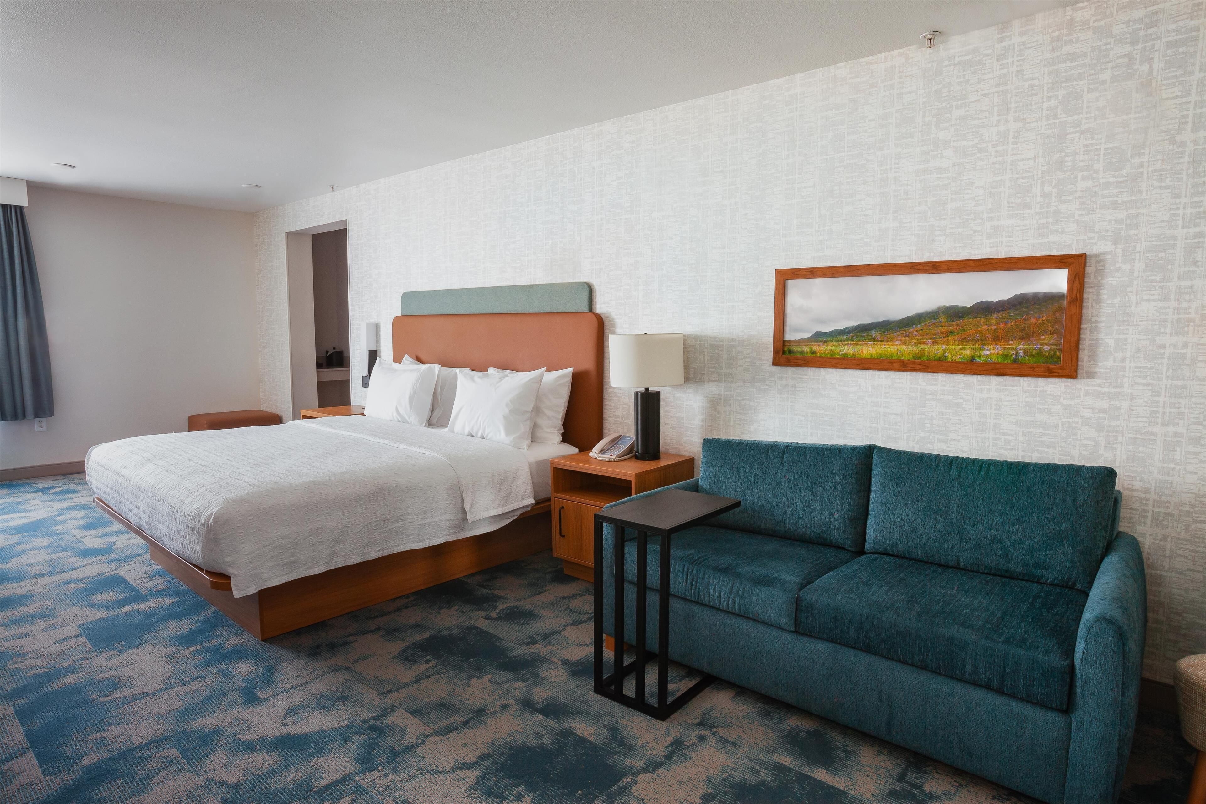 A hotel room with a bed, a sofa, a nightstand with a lamp, and a framed picture on the wall.