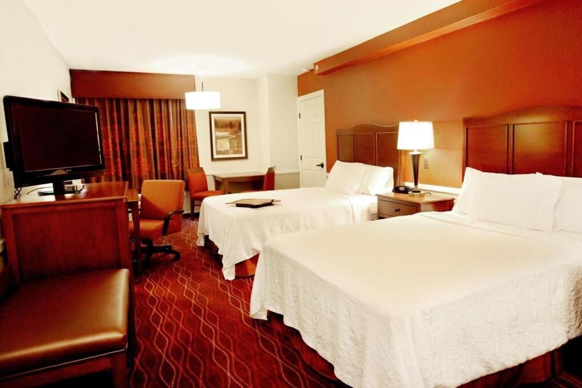 A hotel room with two beds, a desk with a TV, a chair, and a lamp.
