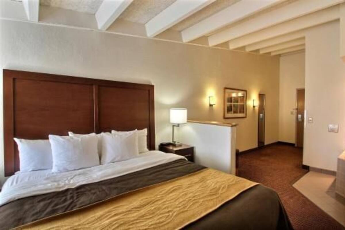 Premium bedding, desk, laptop workspace, blackout curtains