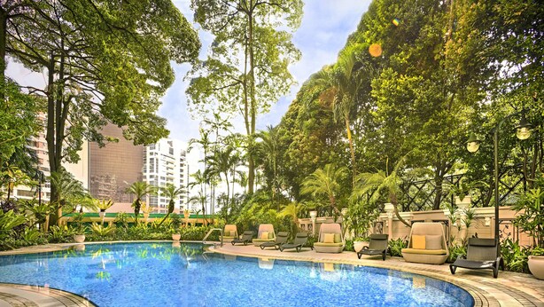 A swimming pool surrounded by lounge chairs and greenery, with a cityscape in the background. - Vibe Hotel Singapore Orchard (Singapore)