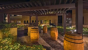A covered outdoor area with stone flooring, wooden barrels, and potted plants. - Vibe Hotel Singapore Orchard (Singapore)