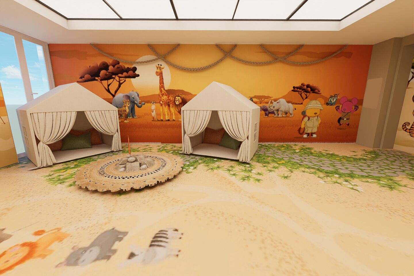 Ein Zimmer mit zwei Zelten, einem Wandgemälde einer afrikanischen Savanne und einem runden Tisch mit einer Spitzentischdecke.