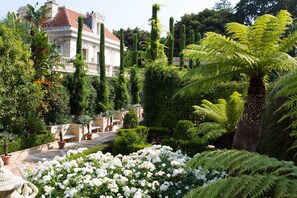 A formal garden with manicured hedges, white flowers, and a classical building in the background.