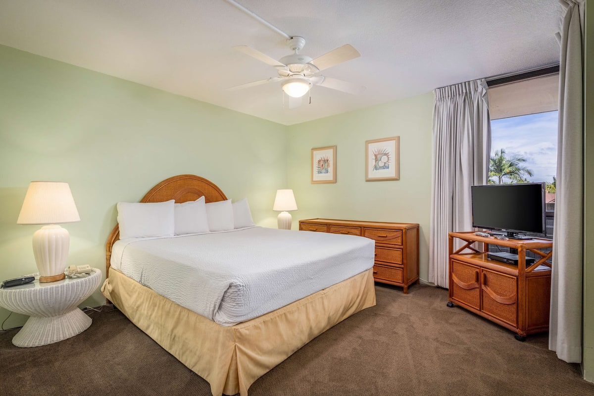 Habitación de hotel con cama, dos lámparas de noche, televisor sobre un mueble de madera, ventilador de techo y ventana con cortinas.