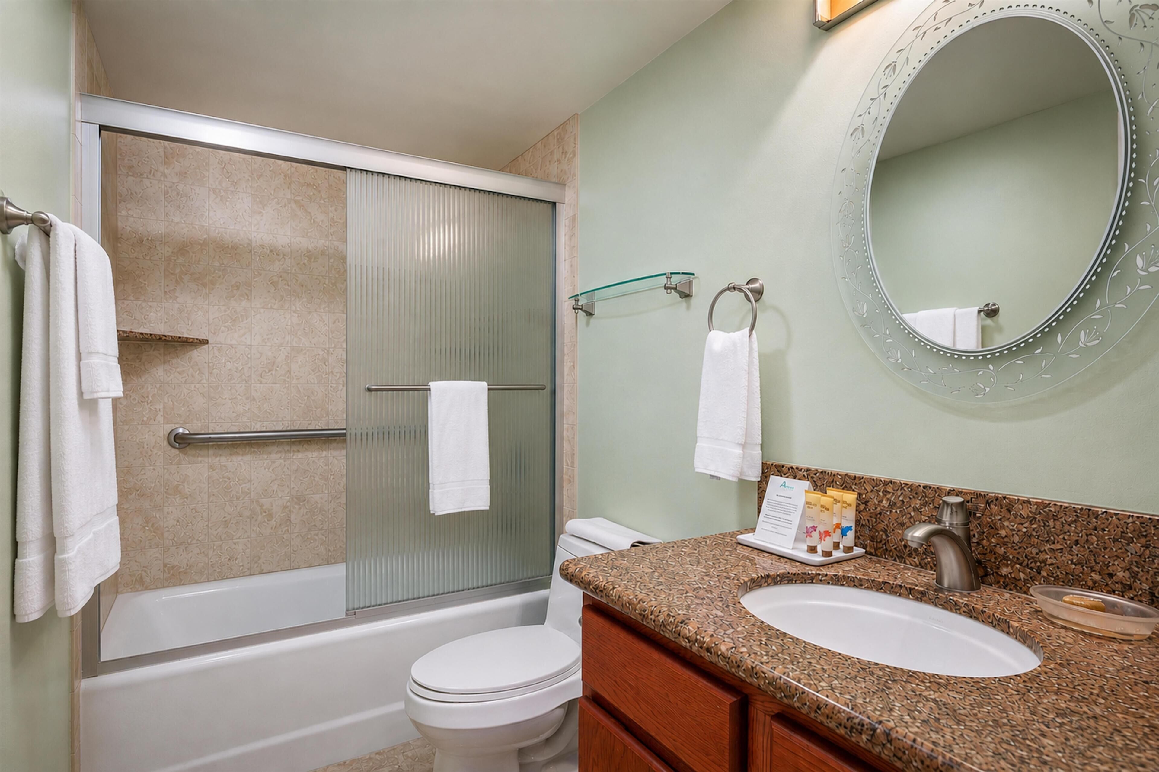 A bathroom with a shower, toilet, sink, and a mirror.
