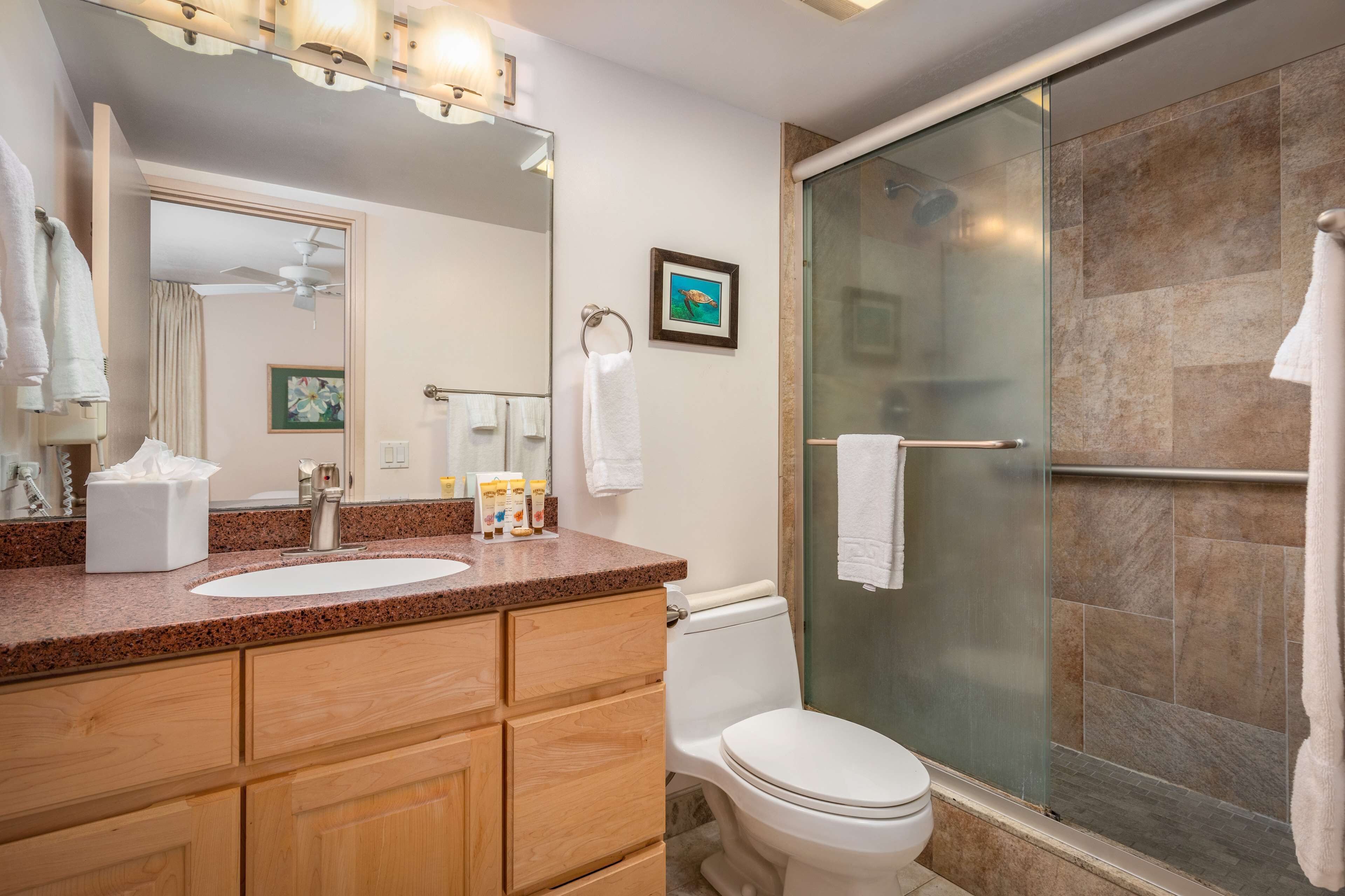A bathroom with a granite countertop sink, wooden cabinets, a white toilet, and a glass-enclosed shower.
