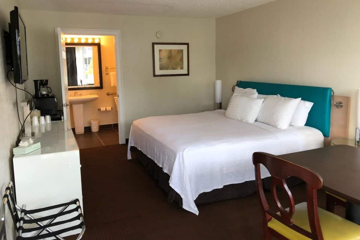 A hotel room with a bed, a desk, a chair, a sink, and a television.