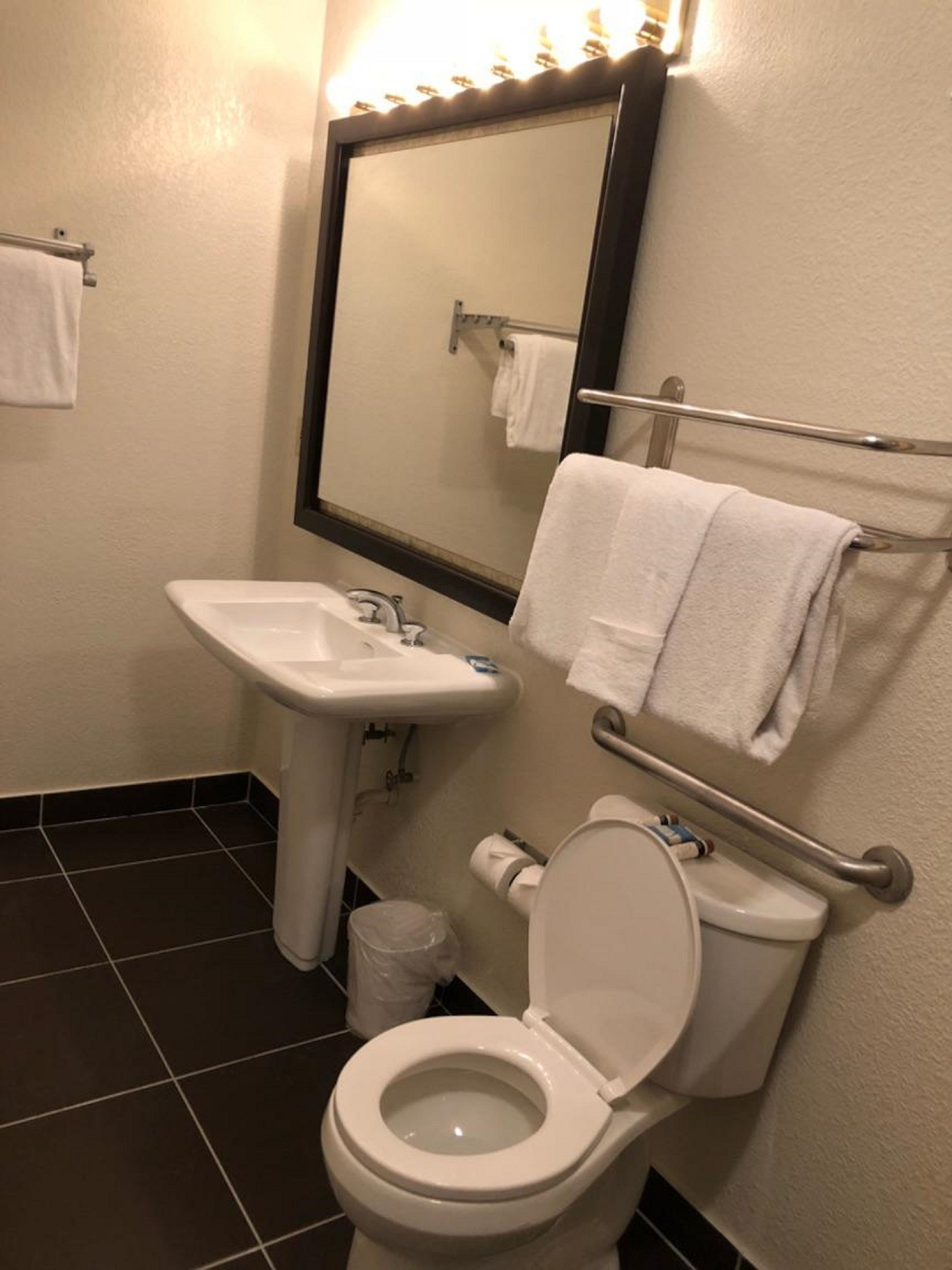 A bathroom with a sink, mirror, toilet, and handrails.