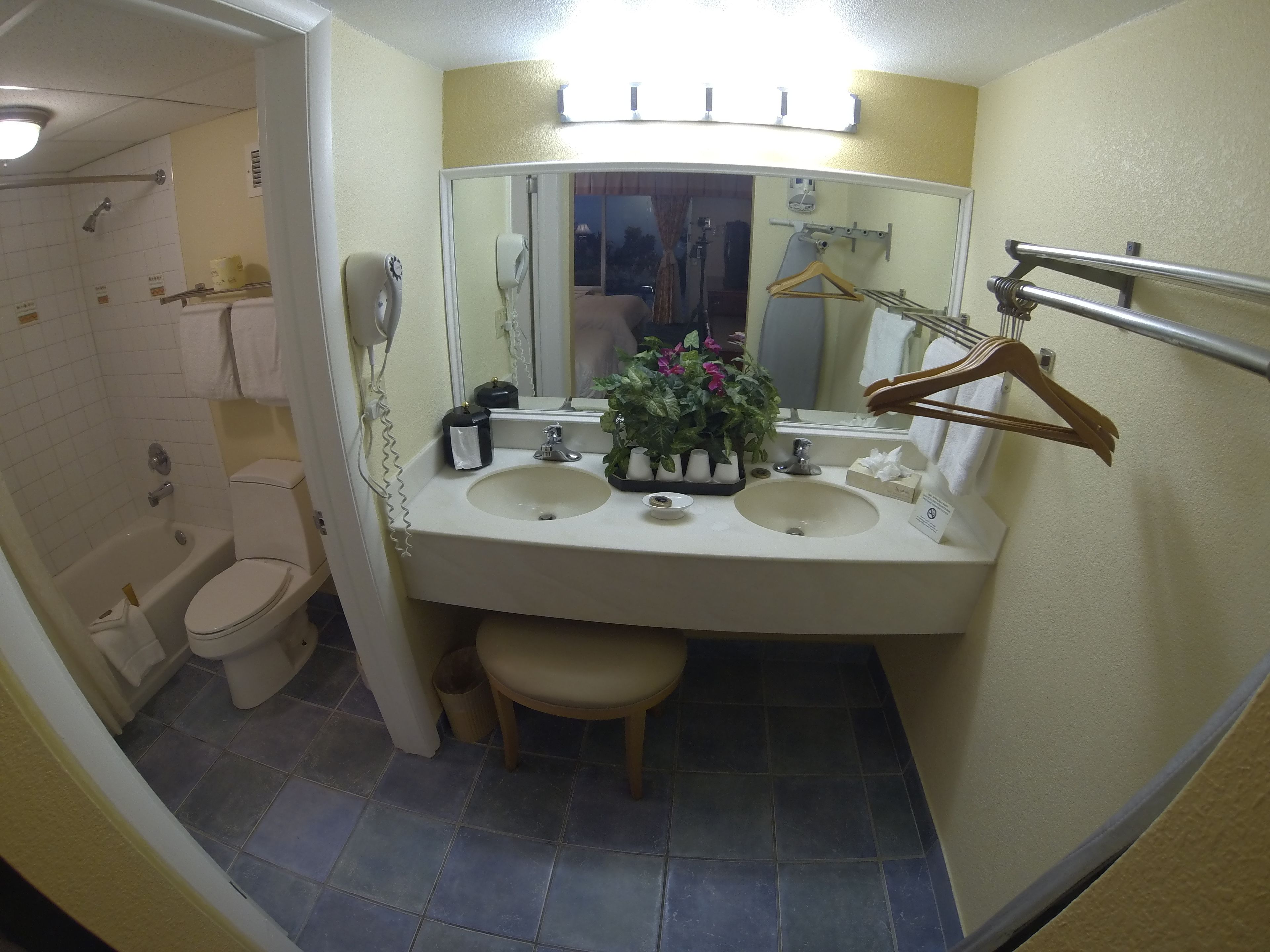 A bathroom with two sinks, a toilet, a shower, and a mirror.