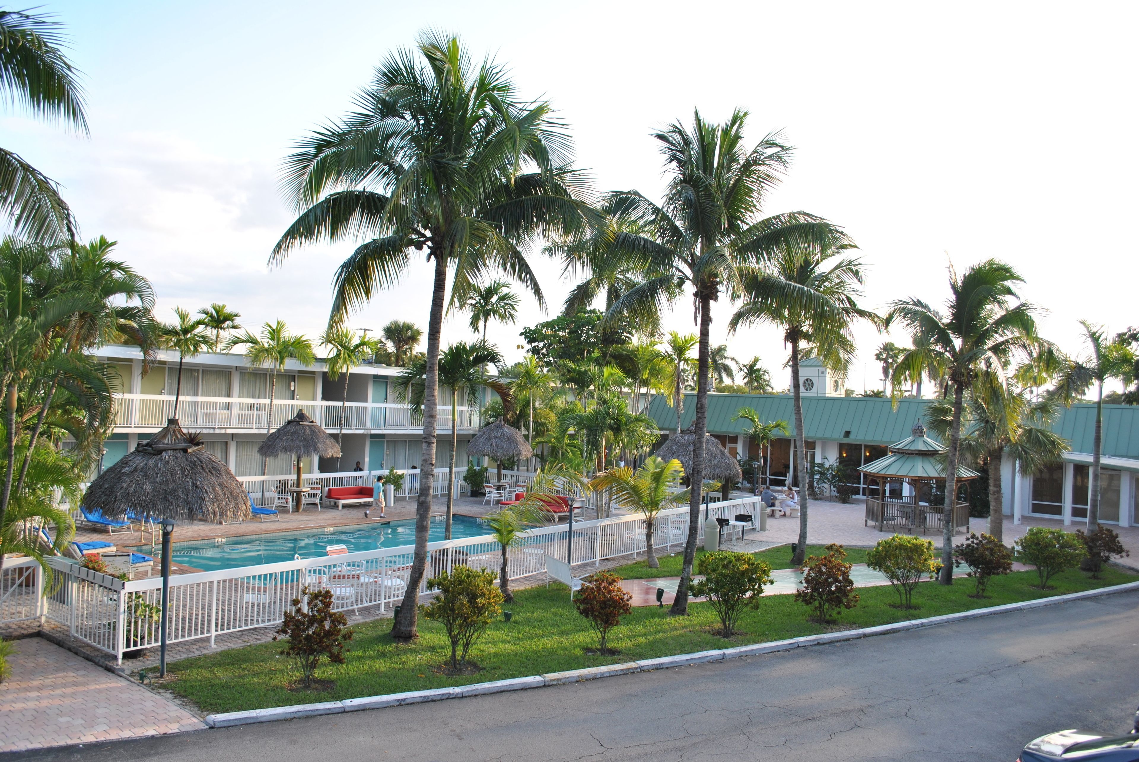 A hotel with a pool surrounded by palm trees, a fenced area, and a building with a green roof.