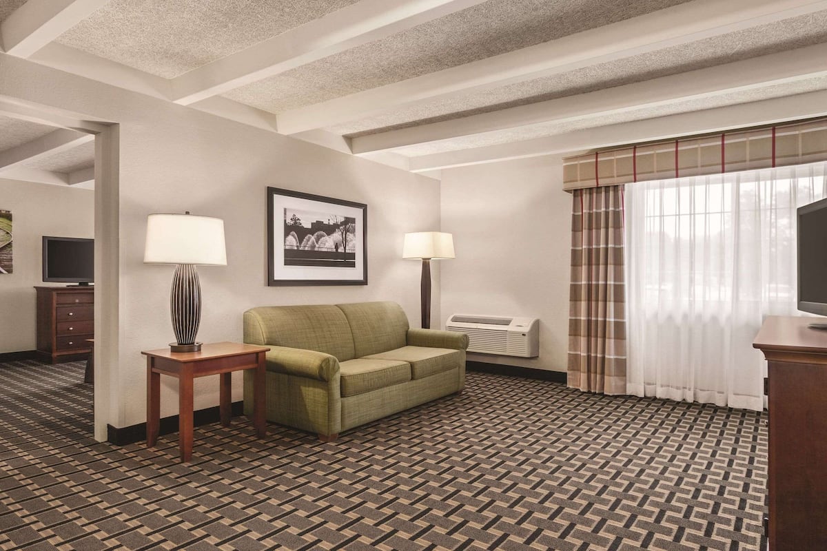 Une chambre d’hôtel avec une moquette à motifs, un canapé vert, deux lampes, un tableau encadré au mur et un téléviseur posé sur un meuble en bois.