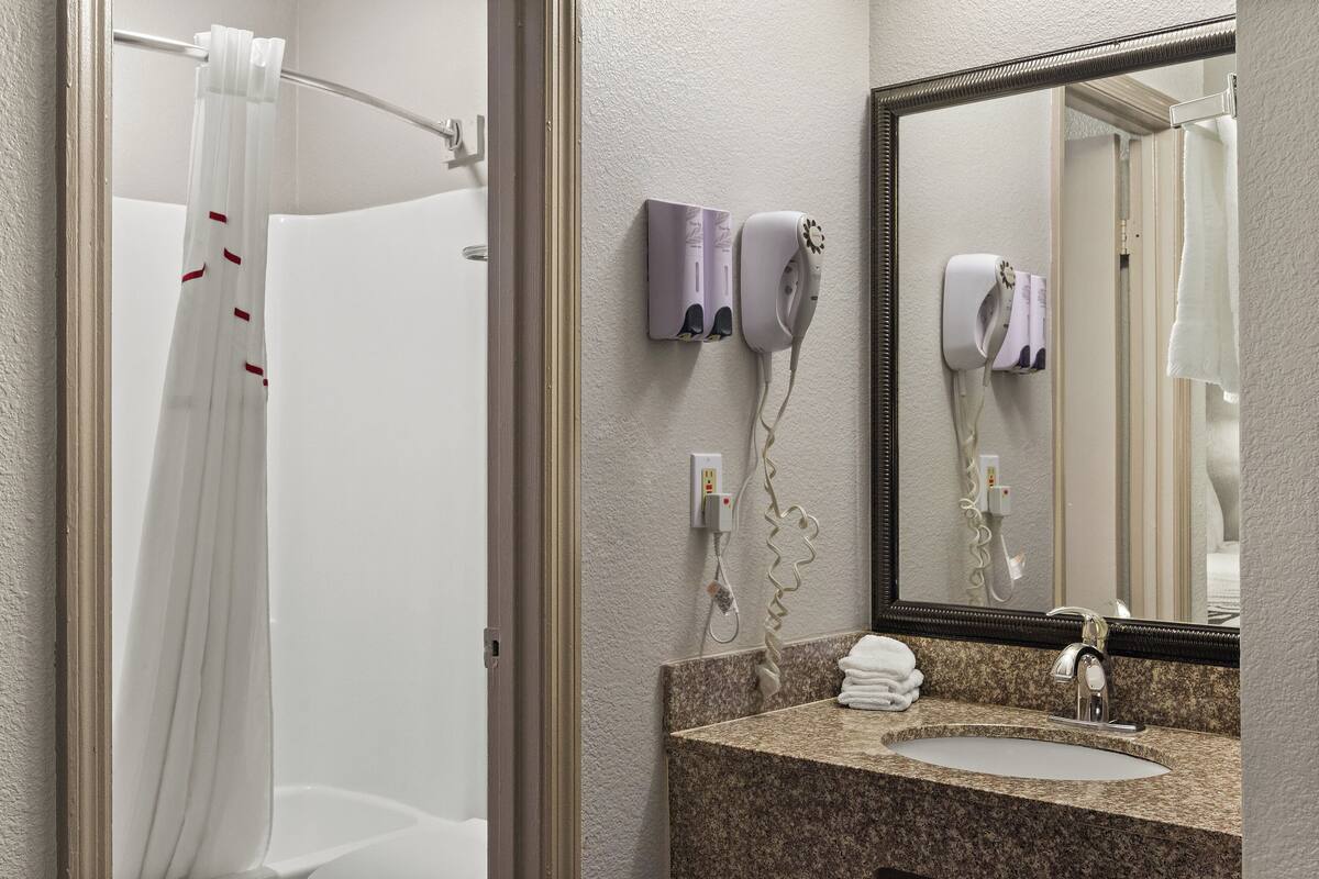 Un baño con cortina de ducha, secador de pelo y lavamanos con espejo.