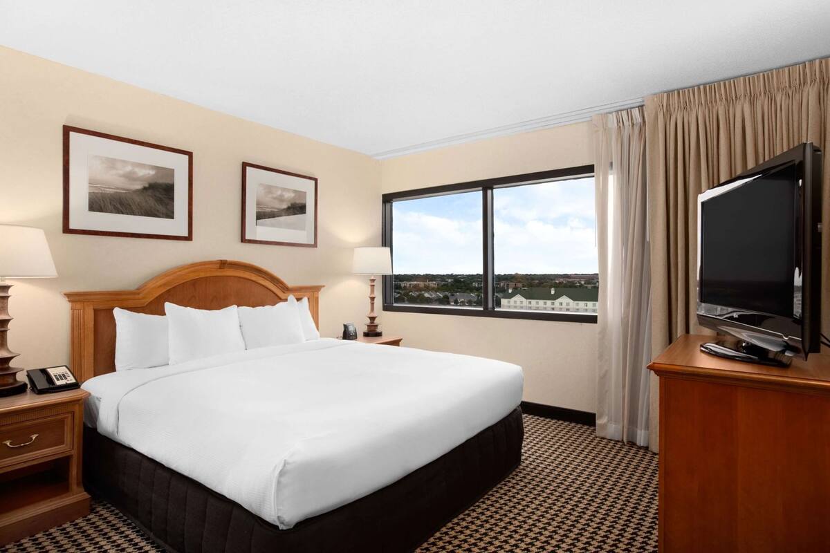 A hotel room with a large bed, two bedside tables, a TV, and a window with a city view.