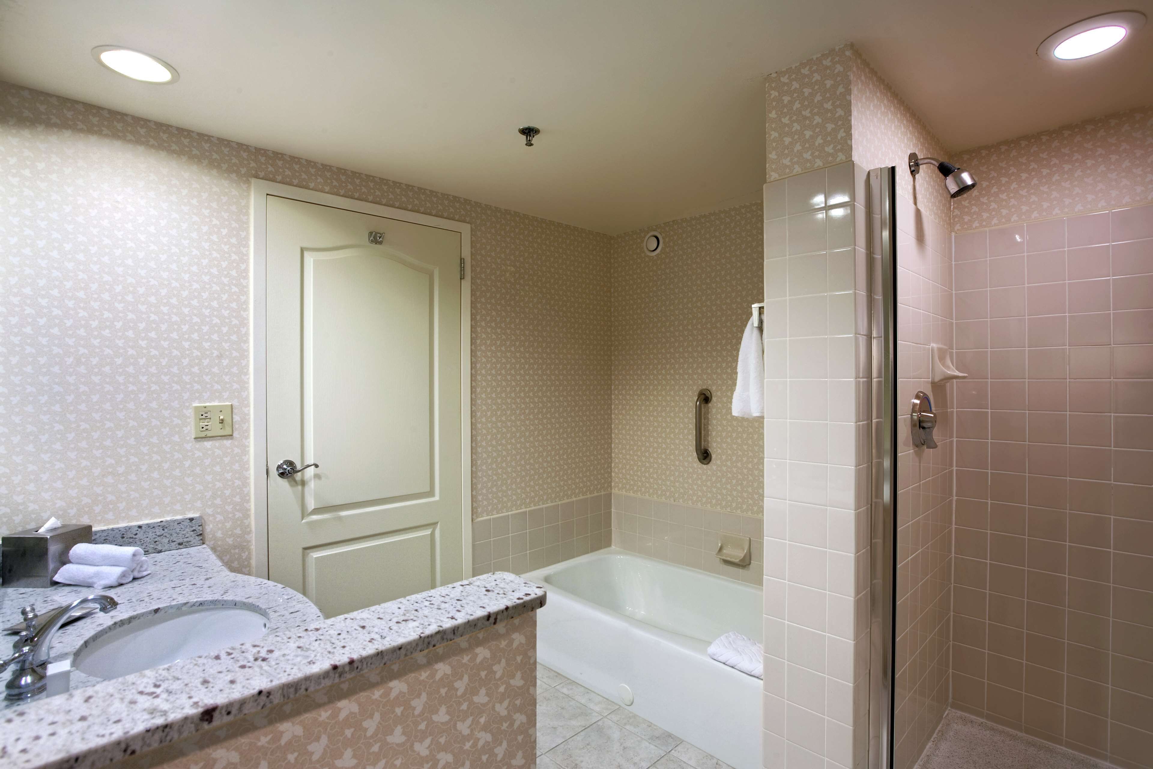 separate bathtub and shower, free toiletries, hair dryer, towels