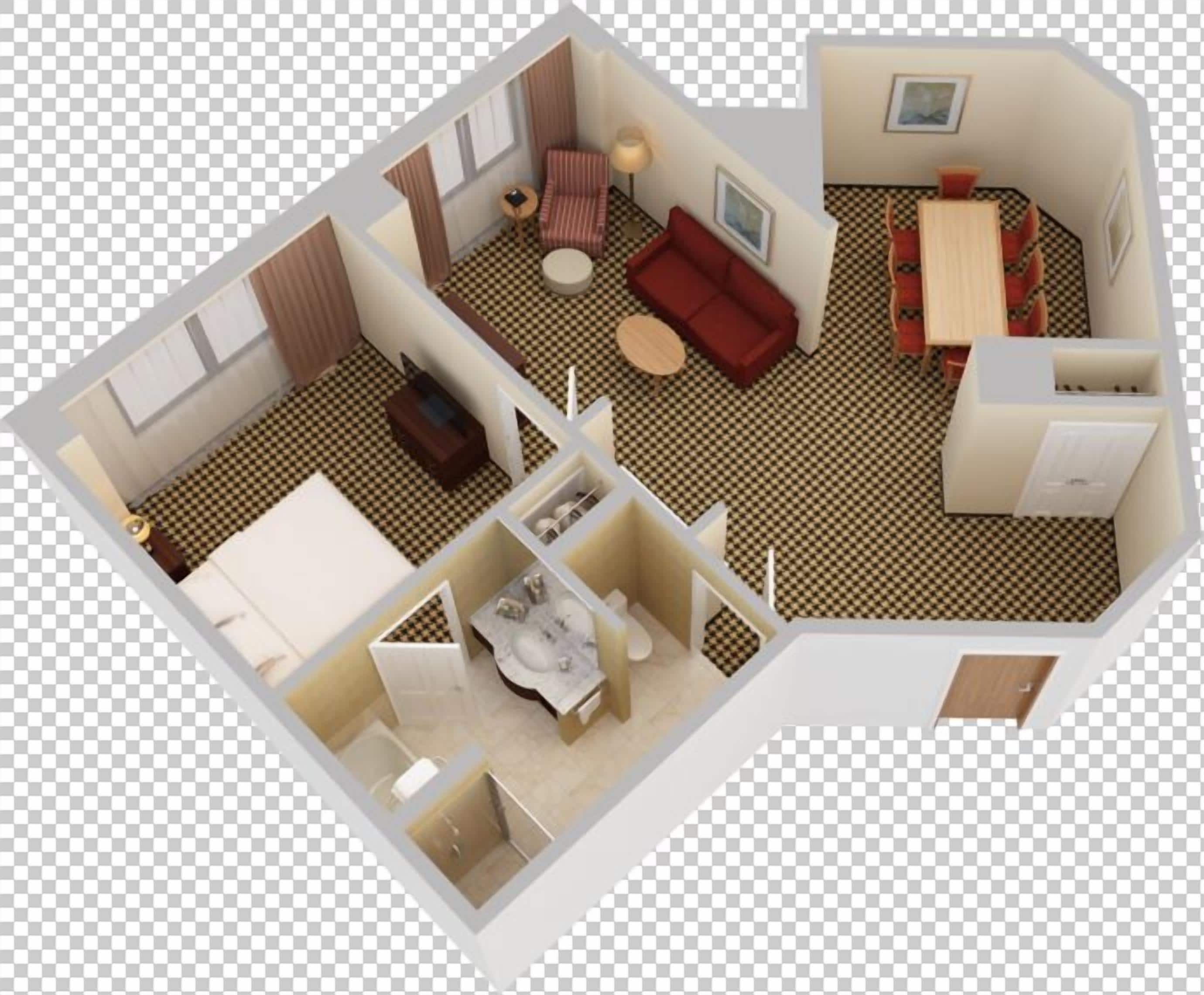 A 3D floor plan of a hotel room with a checkered floor, a bed, a small seating area with a sofa and a table, a bathroom with a toilet and sink, and a kitchenette with a stove and sink.