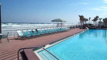 Outdoor pool, pool umbrellas, pool loungers