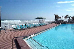 Outdoor pool, pool umbrellas, pool loungers