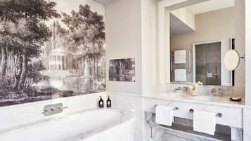 Separate tub and shower, rainfall showerhead, designer toiletries