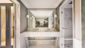 Suite (Harcourt) | Bathroom | Separate tub and shower, rainfall showerhead, designer toiletries
