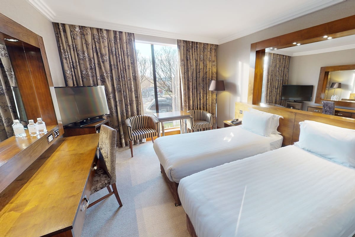 Habitación de hotel con dos camas, un escritorio, un televisor, una silla y un espejo grande.