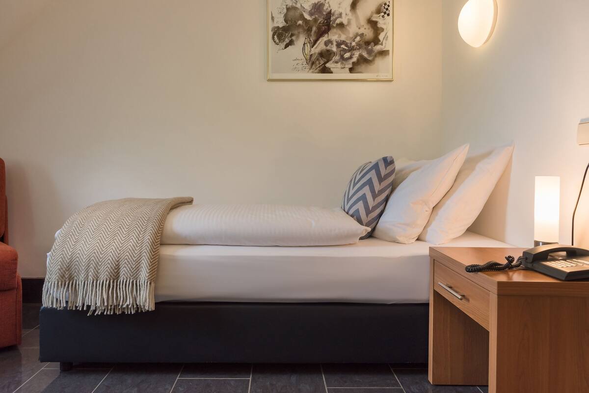 A modern bedroom with a sofa bed, a bedside table with a lamp, and a framed artwork on the wall.